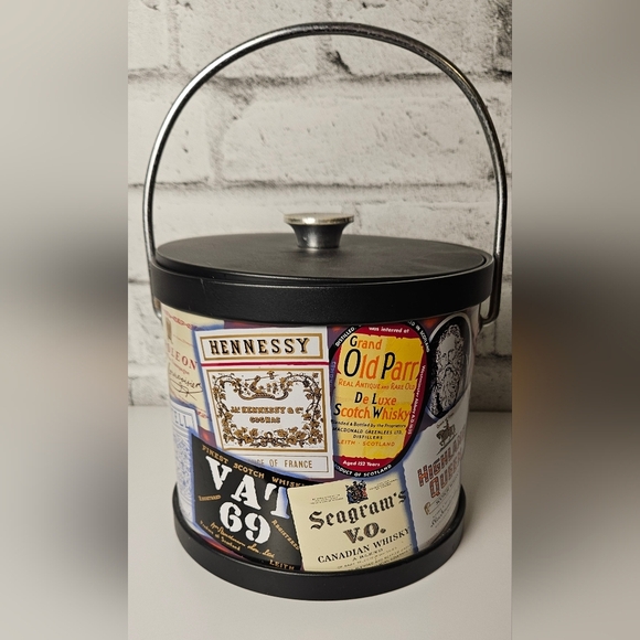 Vintage Whisky Label Ice Bucket w/ Tongs | Retro Barware Bar Cart Decor - Picture 2 of 12